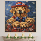 Chesapeake Bay Retriever Mom with Four Puppies in American Flag Outfits and Starry Background Oil Painting on Ready to Hang 1.5" Thick Canvas Wrap, Floating Framed Canvas, Flat Rolled Canvas